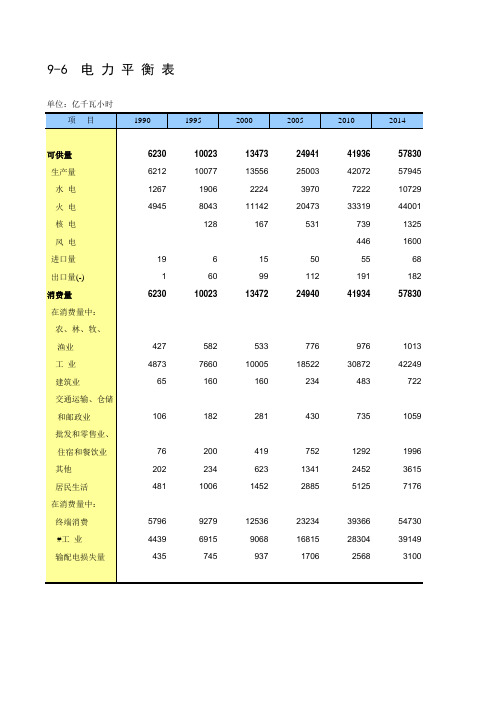 中国统计年鉴2020全国社会经济发展指标：9-6  电 力 平 衡 表