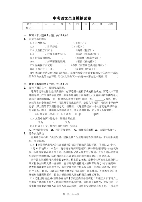 江苏省盐城市盐 中考语文全真模拟试卷-(含答案)