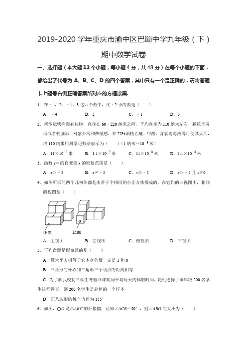 _重庆市渝中区巴蜀中学2019-2020学年九年级下学期期中数学试卷 试题(Word版,含答案)