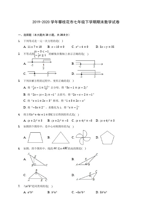 2019-2020学年攀枝花市七年级下学期期末数学试卷(含解析)