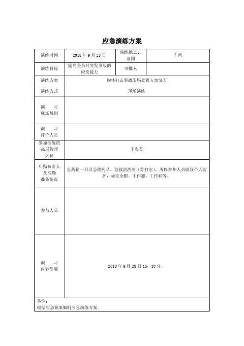 物体打击 应急救援预案演练方案、记录、评审表