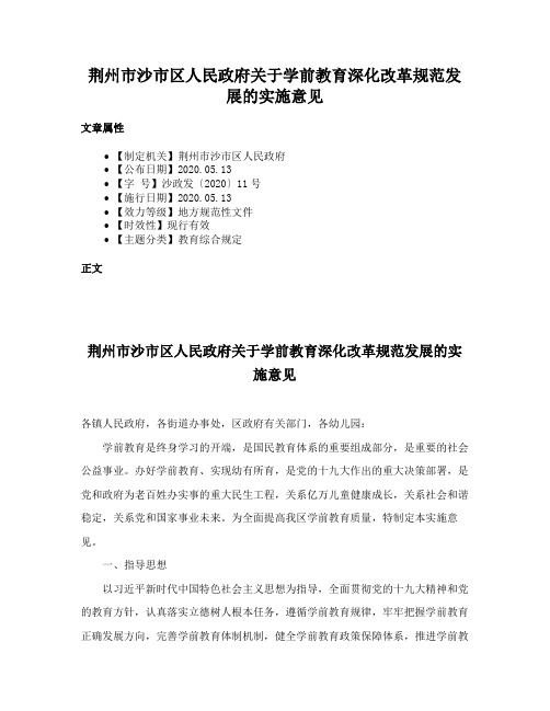 荆州市沙市区人民政府关于学前教育深化改革规范发展的实施意见