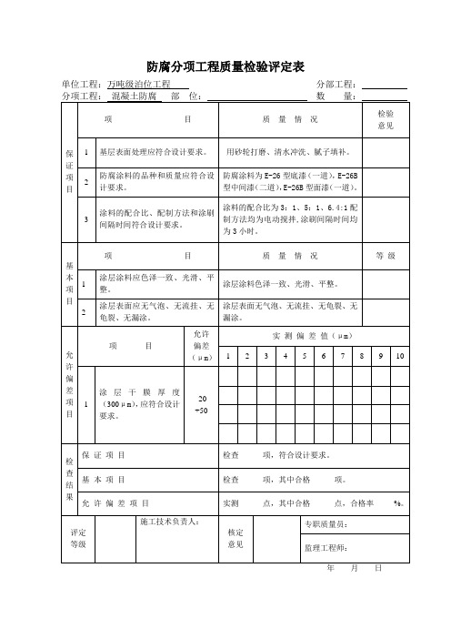 防腐检验评定表防腐分项工程质量检验评定表