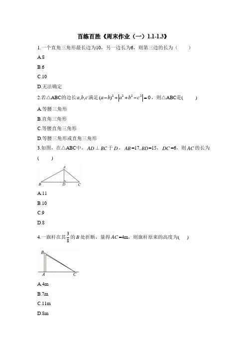 北师大版八年级数学上册_百练百胜《周末作业(一)_3》