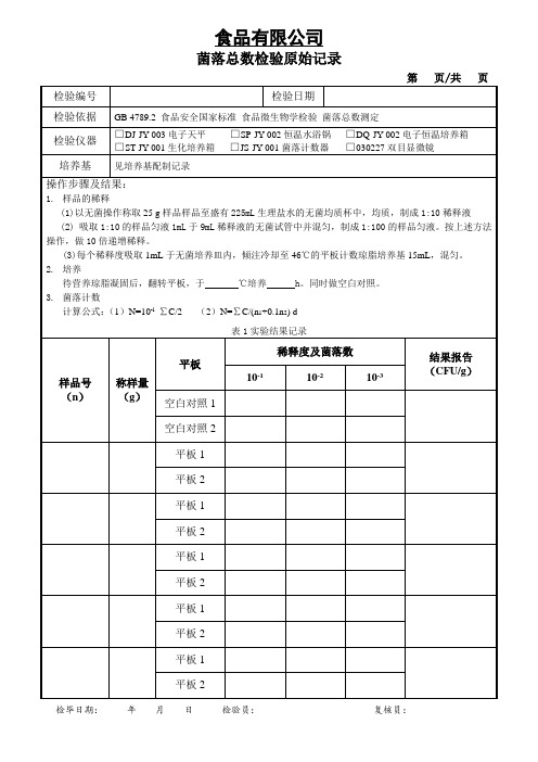 菌落总数检验原始记录