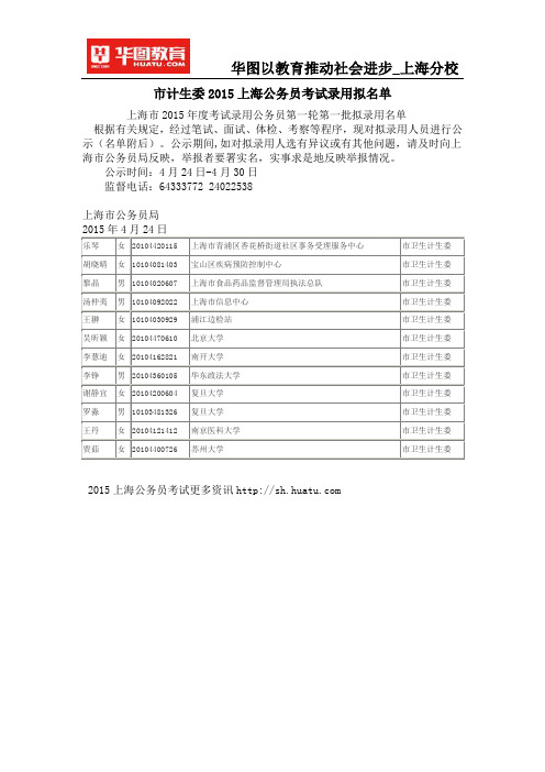 市计生委2015上海公务员考试录用拟名单