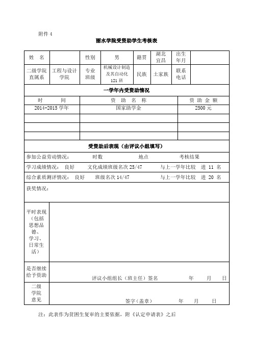 丽水学院受资助学生考核表