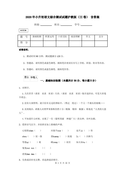 2020年小升初语文综合测试试题沪教版(II卷) 含答案