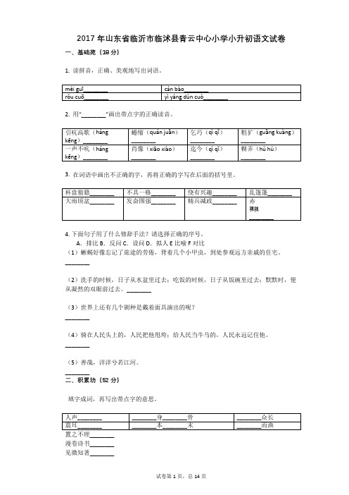 2017年山东省临沂市临沭县青云中心小学小升初语文试卷