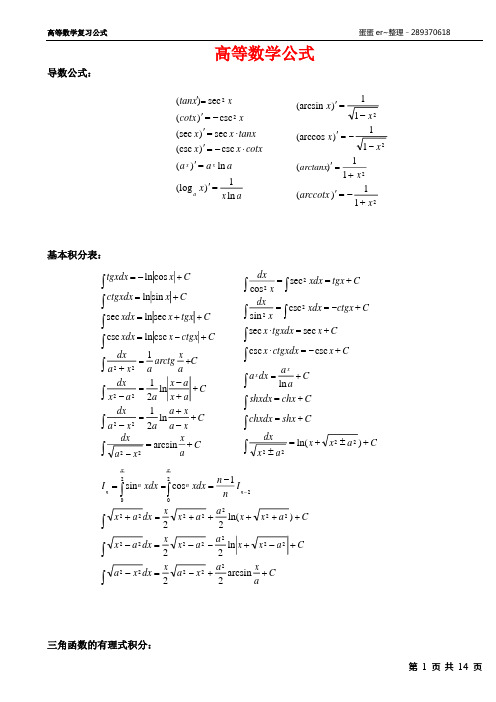 【高数】高等数学公式大全【已排版可直接打印】【考研,高数】要点