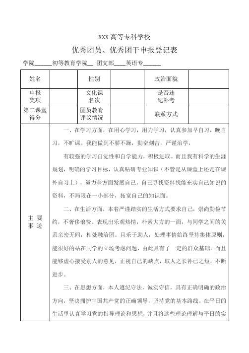 优秀团员、优秀团干部申报登记表