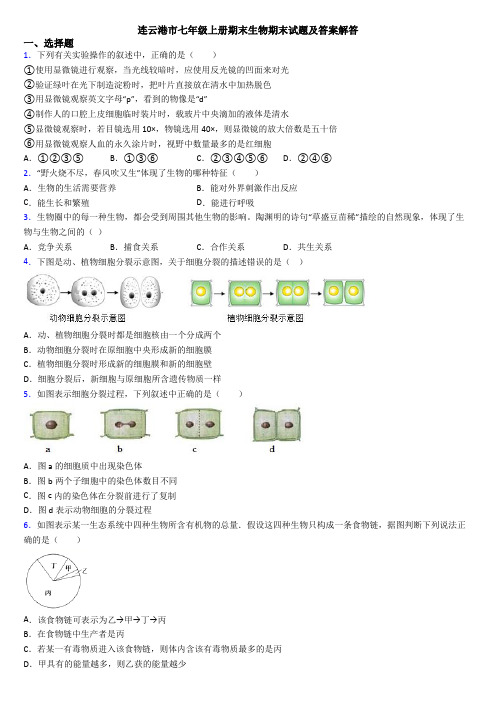 连云港市七年级上册期末生物期末试题及答案解答