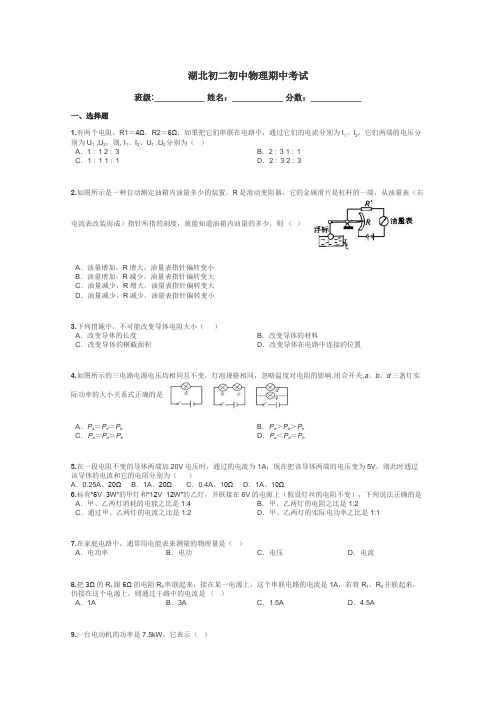 湖北初二初中物理期中考试带答案解析
