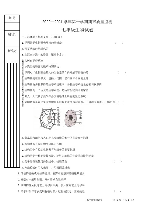 2020-2021学年七年级上学期期末考试生物试题