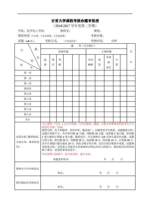 吉首大学课程考核命题双向细目表-吉首大学化学化工学院