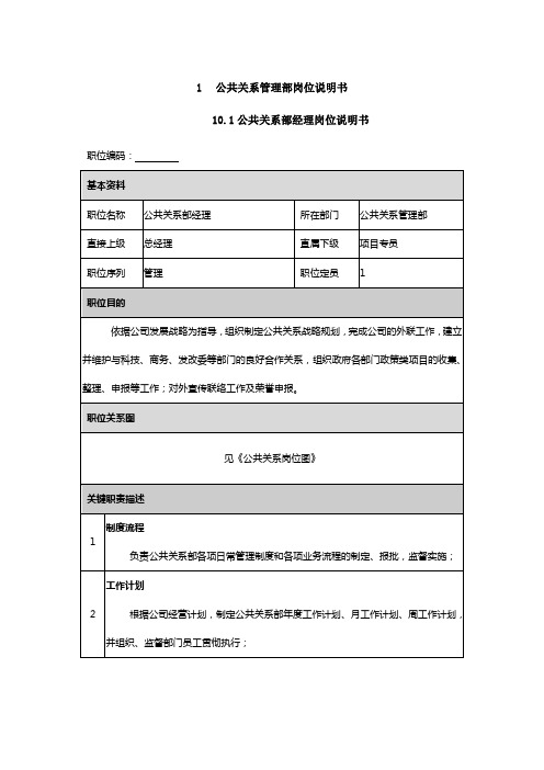 公共关系部岗位说明书