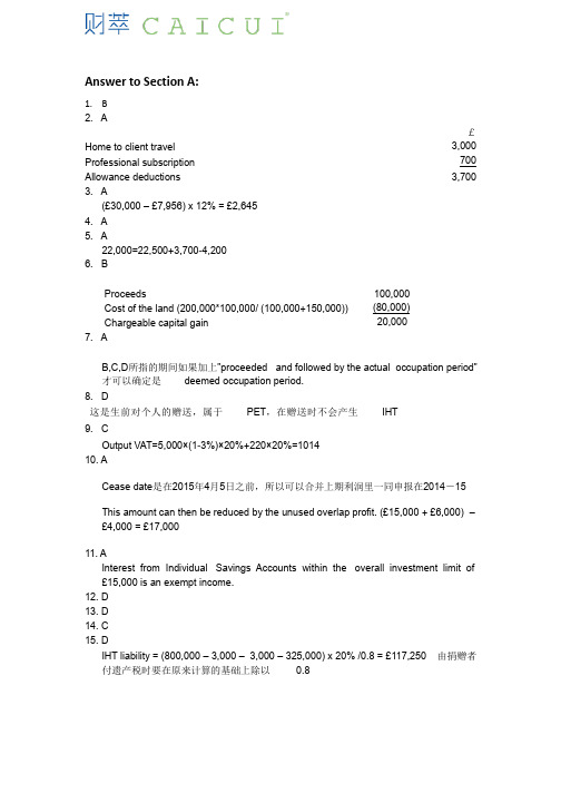 2015年6月ACCA考试F6mock答案