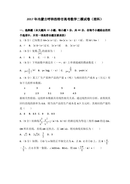 2017年内蒙古呼和浩特市高考数学二模试卷(理科)