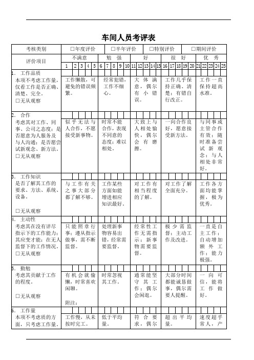 车间人员考评表