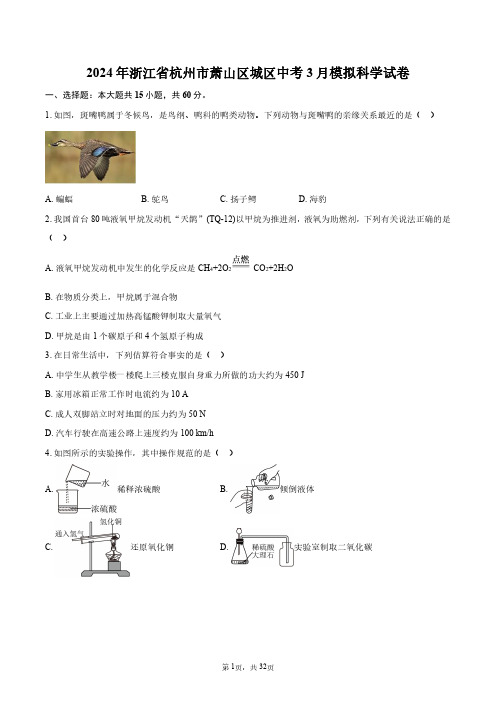 2024年浙江省杭州市萧山区城区中考3月模拟科学试卷+答案解析