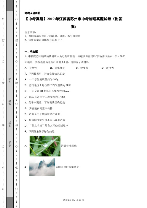 【中考真题】2019年江苏省苏州市中考物理真题试卷(附答案)