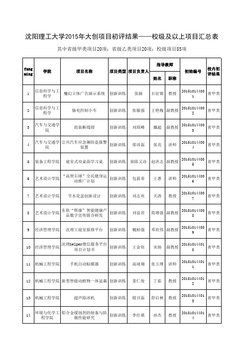 沈阳理工大学2015年大创项目初评结果