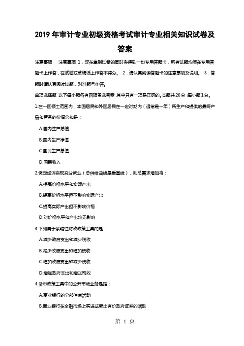 2019年审计专业初级资格考试审计专业相关知识试卷及答案共14页文档