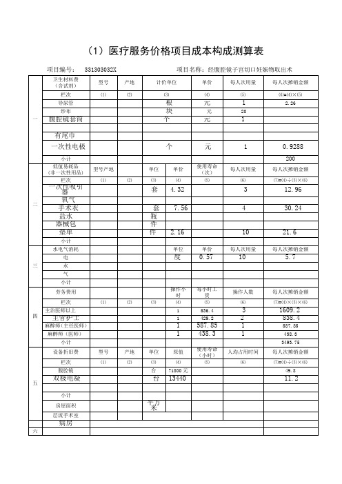 医疗服务价格项目成本构成测算表