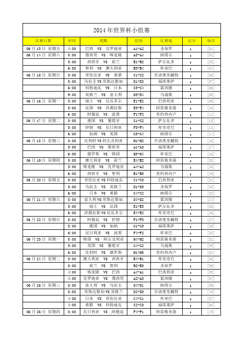 2014年世界杯赛程表