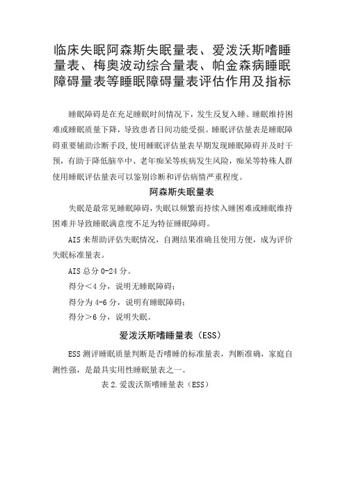 阿森斯失眠量表、爱泼沃斯嗜睡量表、梅奥波动综合量表、帕金森病睡眠障碍量表等睡眠障碍量表评估作用指标