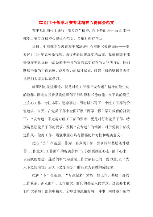 XX组工干部学习安专迷精神心得体会范文