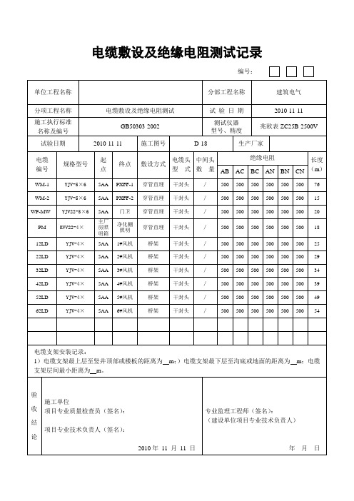 电缆绝缘电阻测试记录表