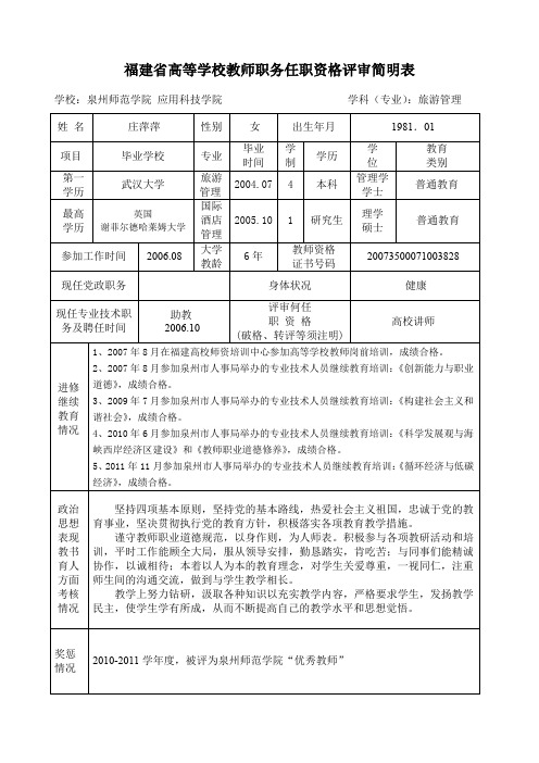 福建省高等学校教师职务任职资格评审简明表