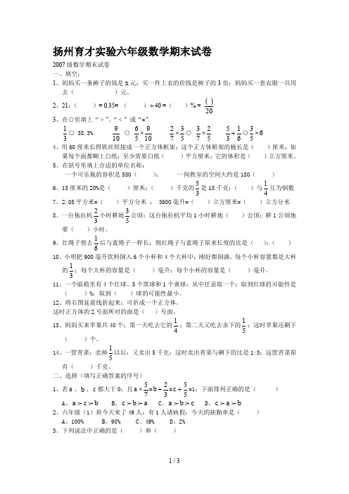 扬州育才实验六年级数学期末试卷