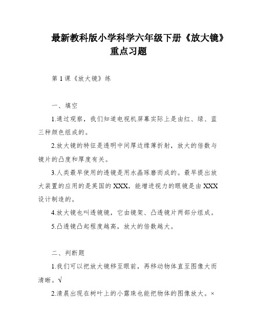 最新教科版小学科学六年级下册《放大镜》重点习题