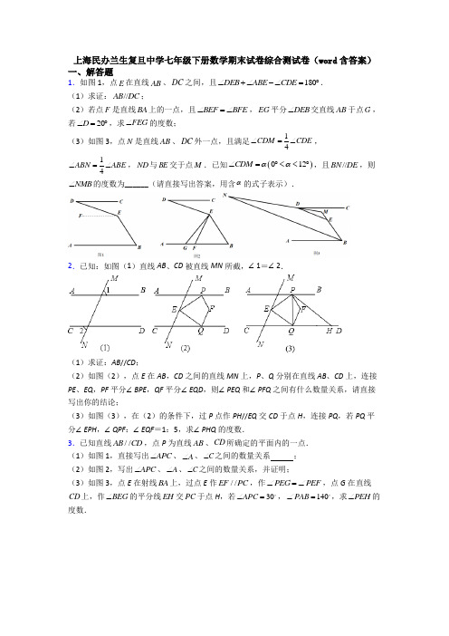 上海民办兰生复旦中学七年级下册数学期末试卷综合测试卷(word含答案)