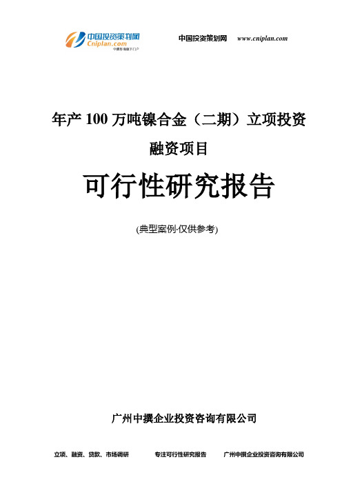 年产100万吨镍合金(二期)融资投资立项项目可行性研究报告(中撰咨询)