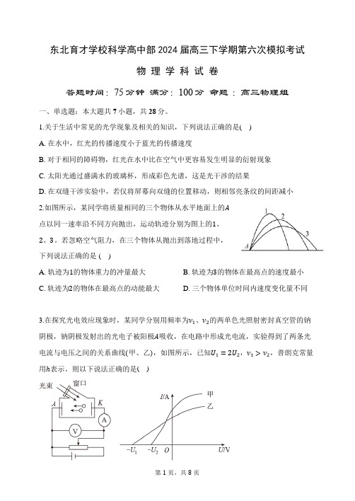 东北育才学校科学高中部 2024 届高三下学期第六次模拟考试物理学科试卷和答案