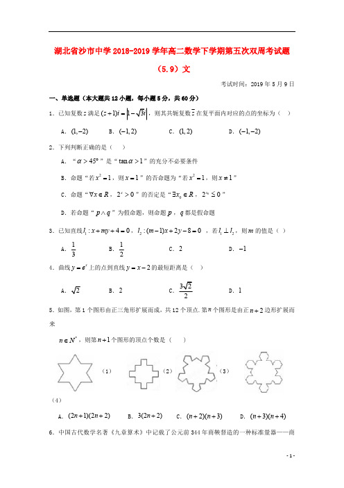 湖北省沙市中学2018_2019学年高二数学下学期第五次双周考试题(5.9)文