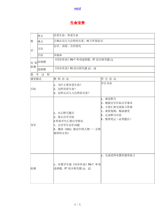 七年级政治下册 5.12 生命宝贵教案 粤教版-粤教版初中七年级下册政治教案