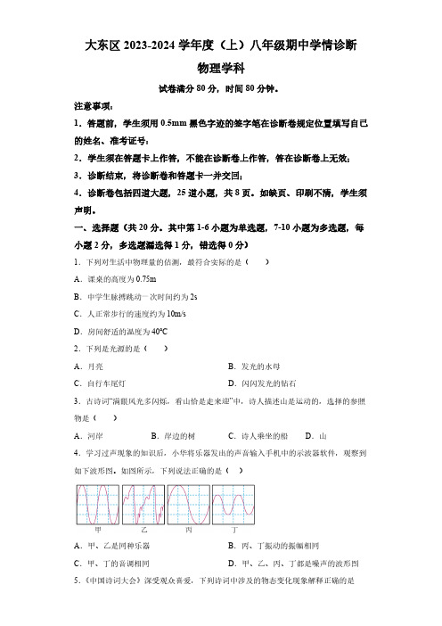 辽宁省沈阳市大东区2023-2024学年八年级上学期物理期中试卷(含解析))