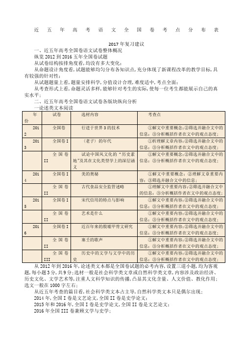 近五年高考语文卷考点分布表