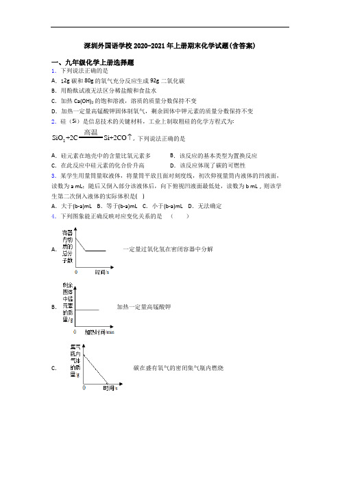 深圳外国语学校2020-2021年初三化学上册期末化学试题(含答案)