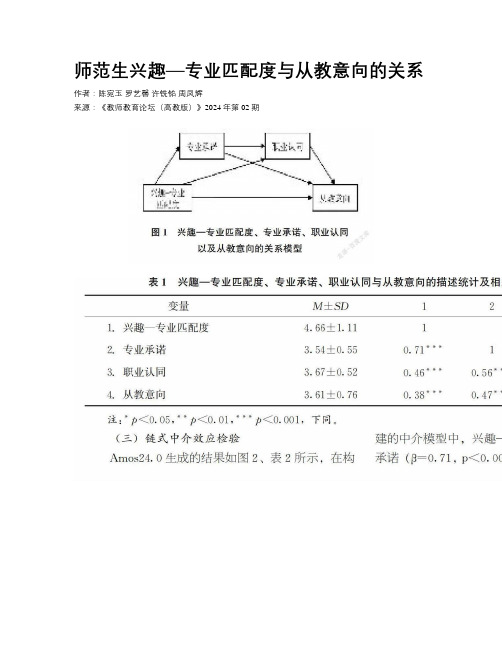 师范生兴趣—专业匹配度与从教意向的关系