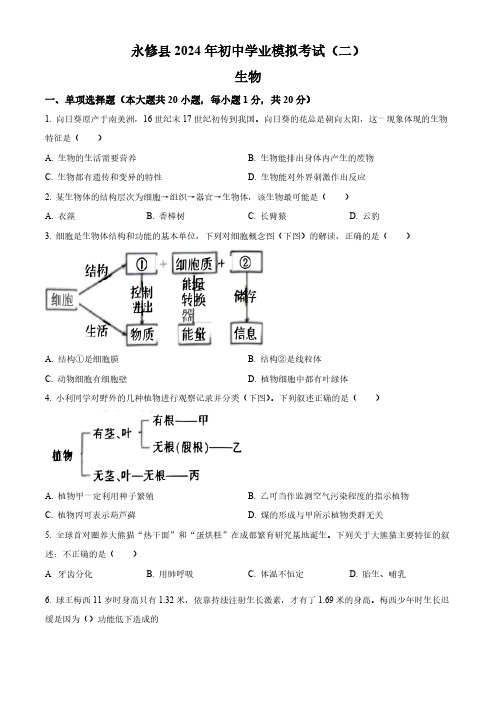 2024年江西省九江市永修县中考二模生物试题(原卷版)