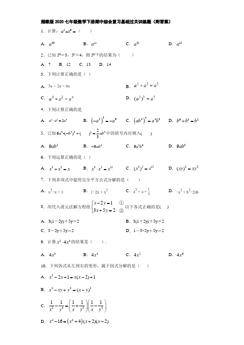 湘教版2020七年级数学下册期中综合复习基础过关训练题(附答案)