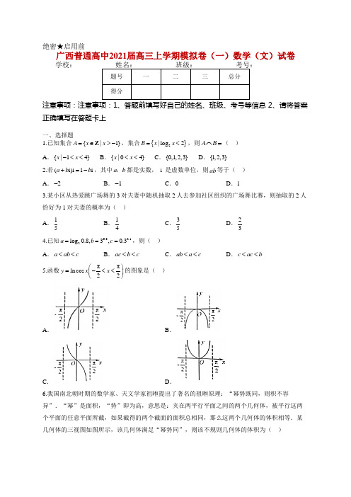 广西普通高中2021届高三上学期模拟卷(一)数学(文)试卷