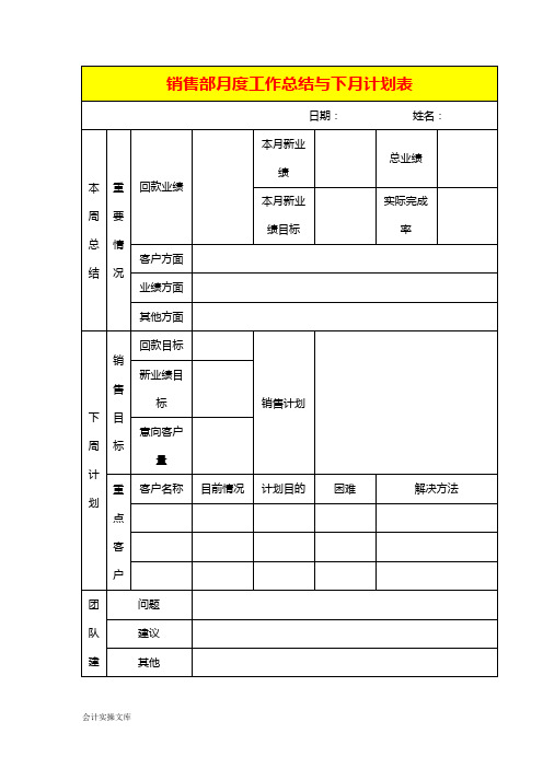 销售部月度工作总结与下月计划表模板