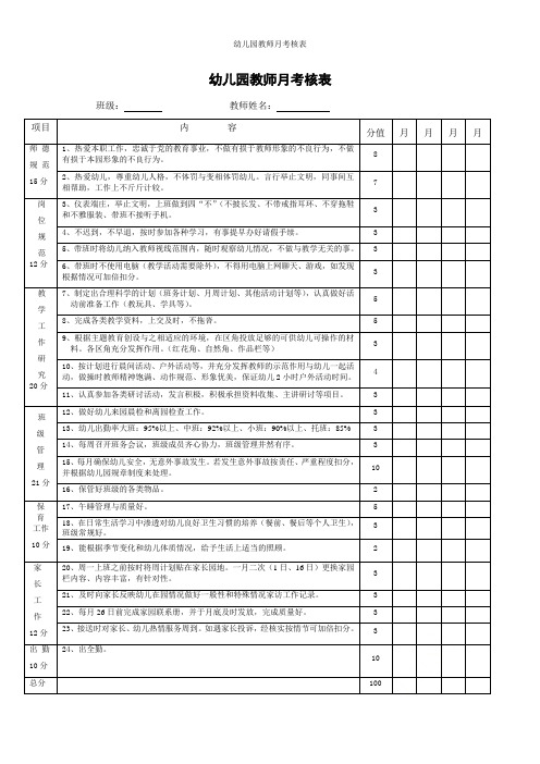 幼儿园教师月考核表