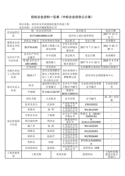 投标企业资料一览表中标企业信息公示表